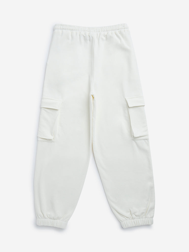 Y&F Kids Off-White Cargo-Style Mid-Rise Cotton-Blend Joggers