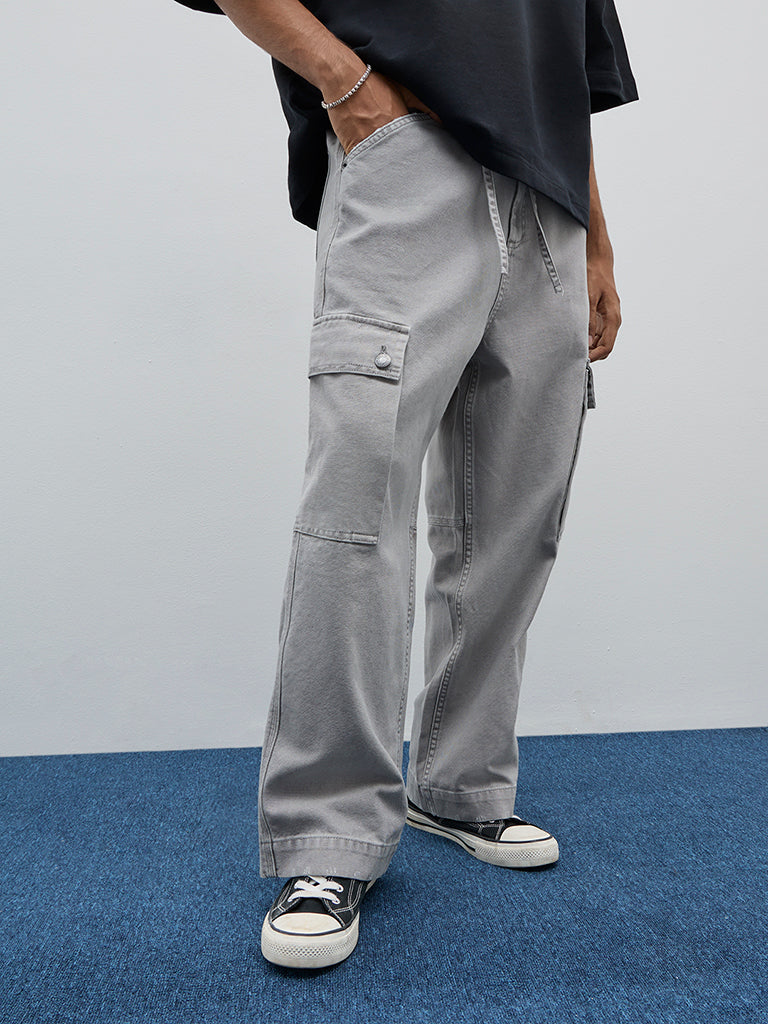 Nuon Grey Cargo-Style Relaxed-Fit High-Rise Jeans