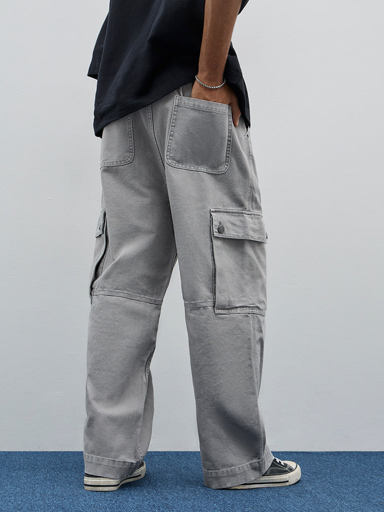Nuon Grey Cargo-Style Relaxed-Fit High-Rise Jeans