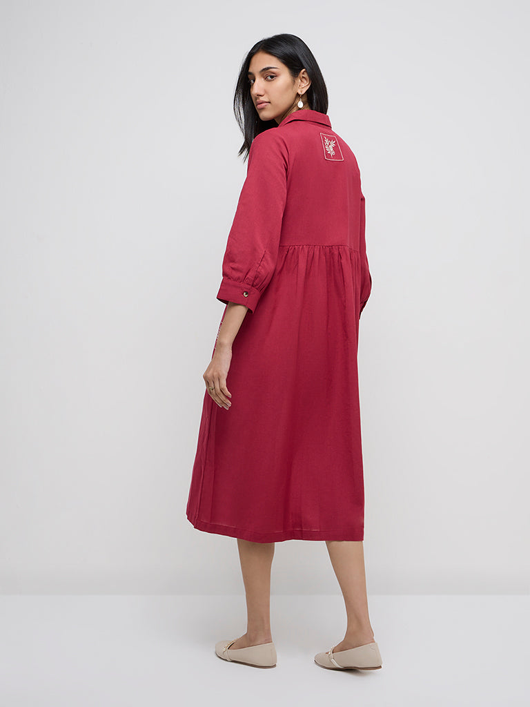 Utsa Magenta Floral Embroidered Cotton-Blend Shirt Dress