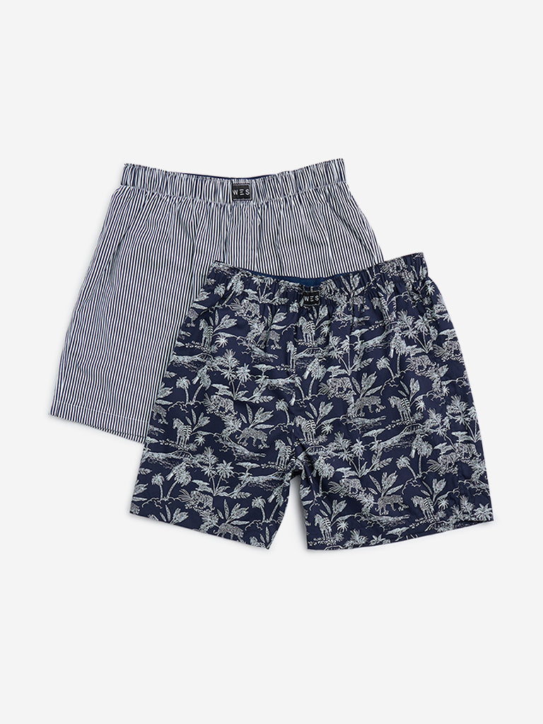 WES Lounge Navy Printed Cotton Boxers Pack of