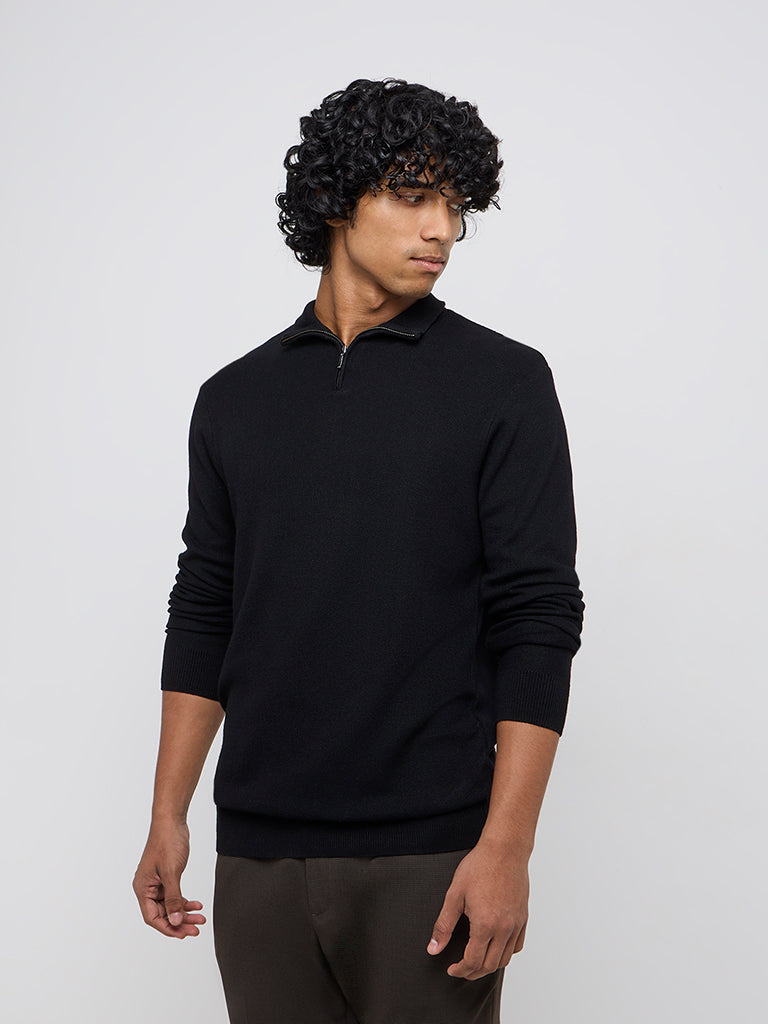Westside WES Formals Men's Black Knitted Slim-Fit High-Neck Sweater for Winter Wear Front view