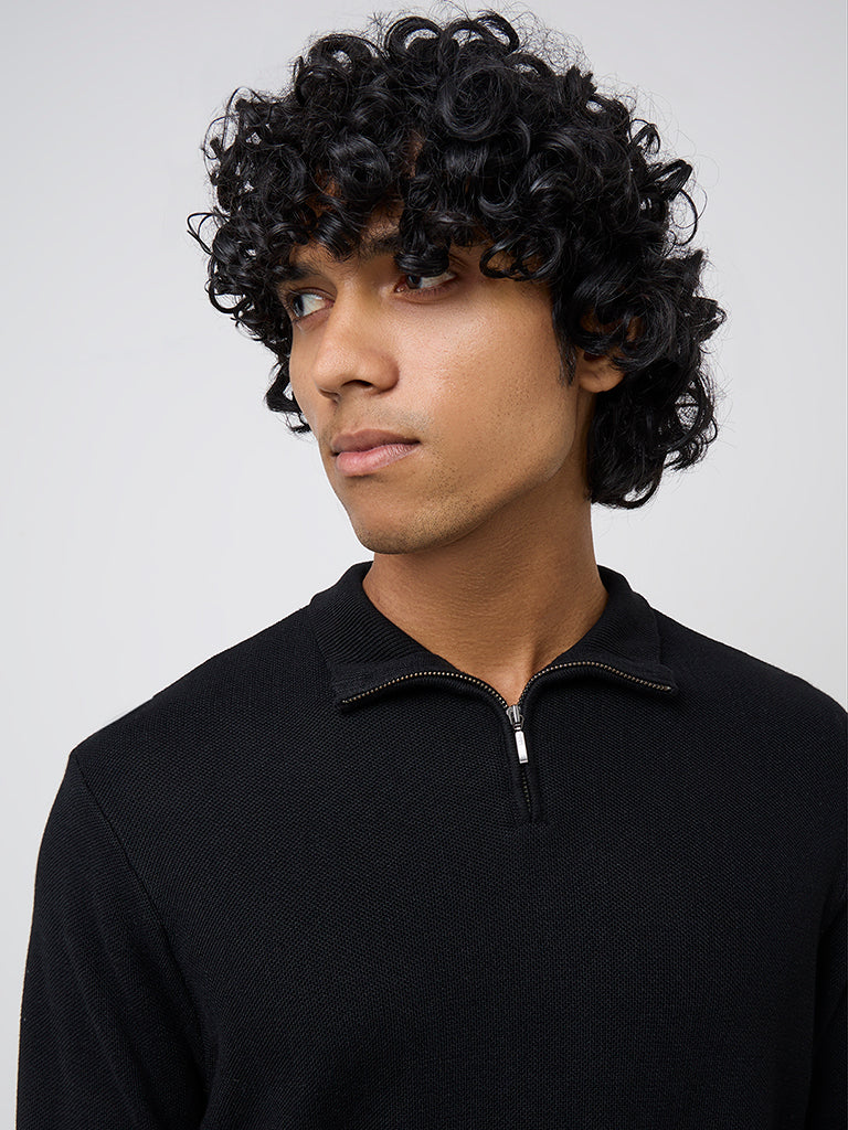 Westside WES Formals Men's Black Knitted Slim-Fit High-Neck Sweater for Winter Wear Zoomed View
