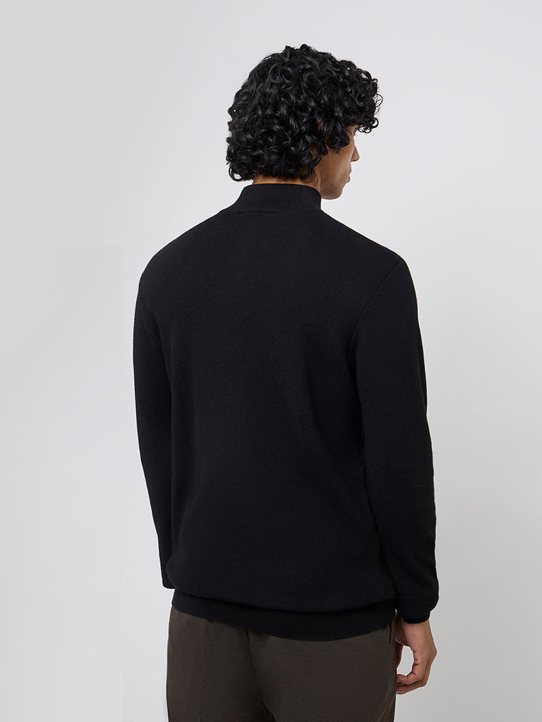 Westside WES Formals Men's Black Knitted Slim-Fit High-Neck Sweater for Winter Wear Back View