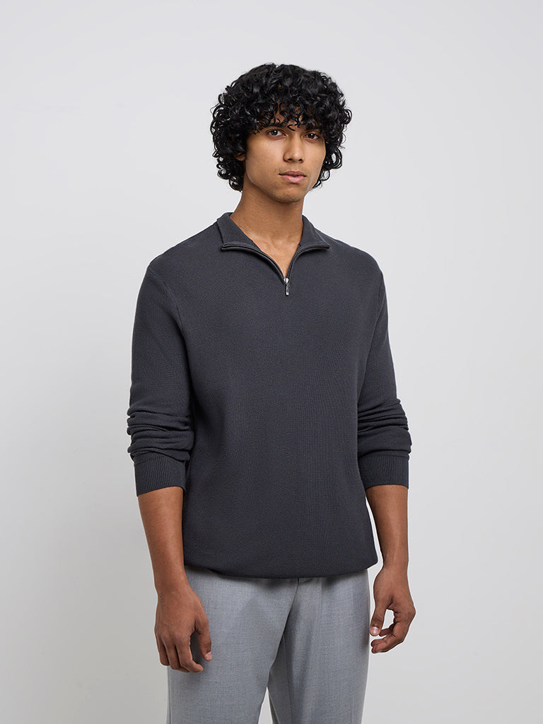 Buy WES Formals Grey Knitted Slim-Fit Quarter Zip Sweater from
