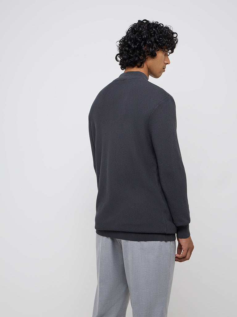Westside WES Formals Men's Grey Knitted Slim-Fit Quarter Zip Sweater for Winter Wear Back View
