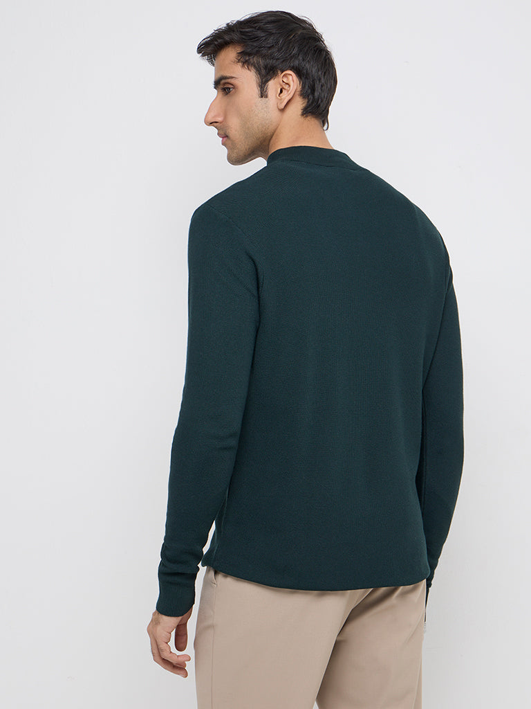 Westside WES Formals Men's Dark Green Solid Slim-Fit Quarter Zip Sweater for Winter Wear Back View