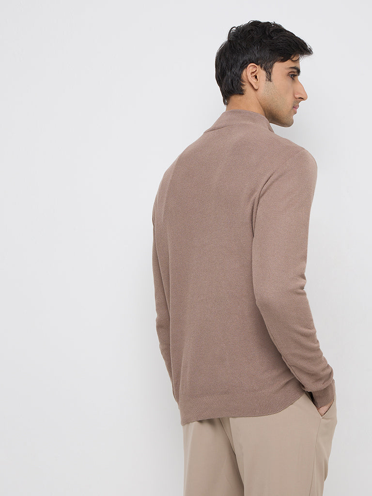 Westside WES Formals Men's Taupe Solid Slim-Fit Quarter Zip Sweater for Winter Wear Back View