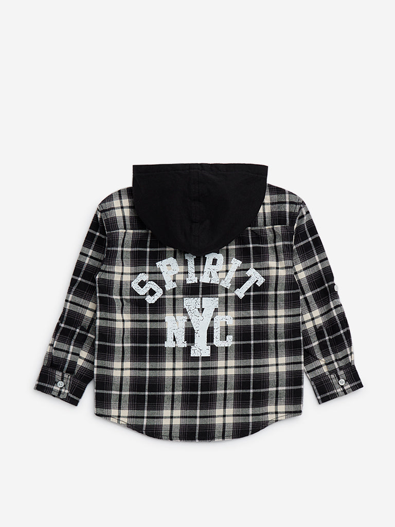 HOP Kids Black Checkered Cotton Hooded Shirt
