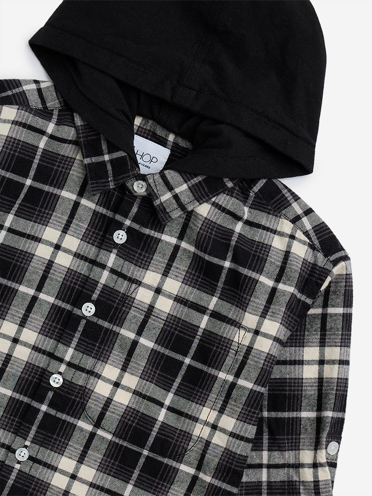 HOP Kids Black Checkered Cotton Hooded Shirt