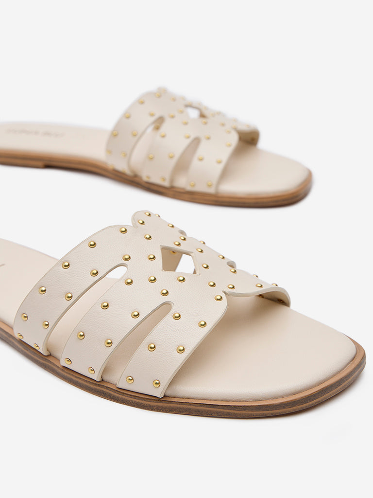Westside LUNA BLU Women's Ivory Embellished Slides for Casual Wear Zoomed View