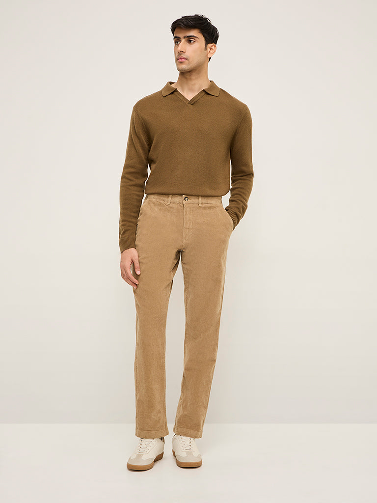 Westside WES Casuals Men's Beige Relaxed-Fit Mid-Rise Cotton-Blend Chinos for Casual Wear Full View