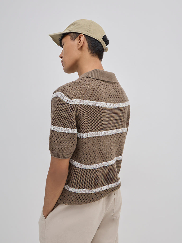 Westside ETA Men's Brown Striped Knitted Relaxed-Fit Cotton-Blend Sweater for Winter Wear Back View
