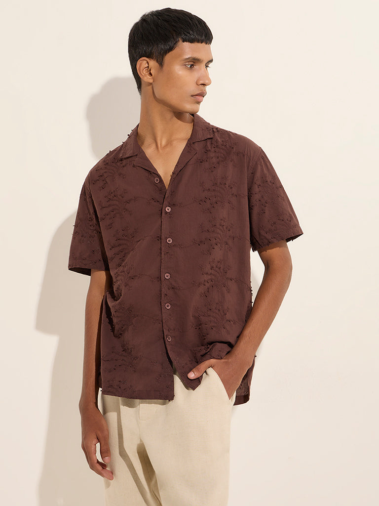 Westside ETA Men's Brown Floral Embroidered Relaxed-Fit Cotton Shirt for Casual Wear Front View