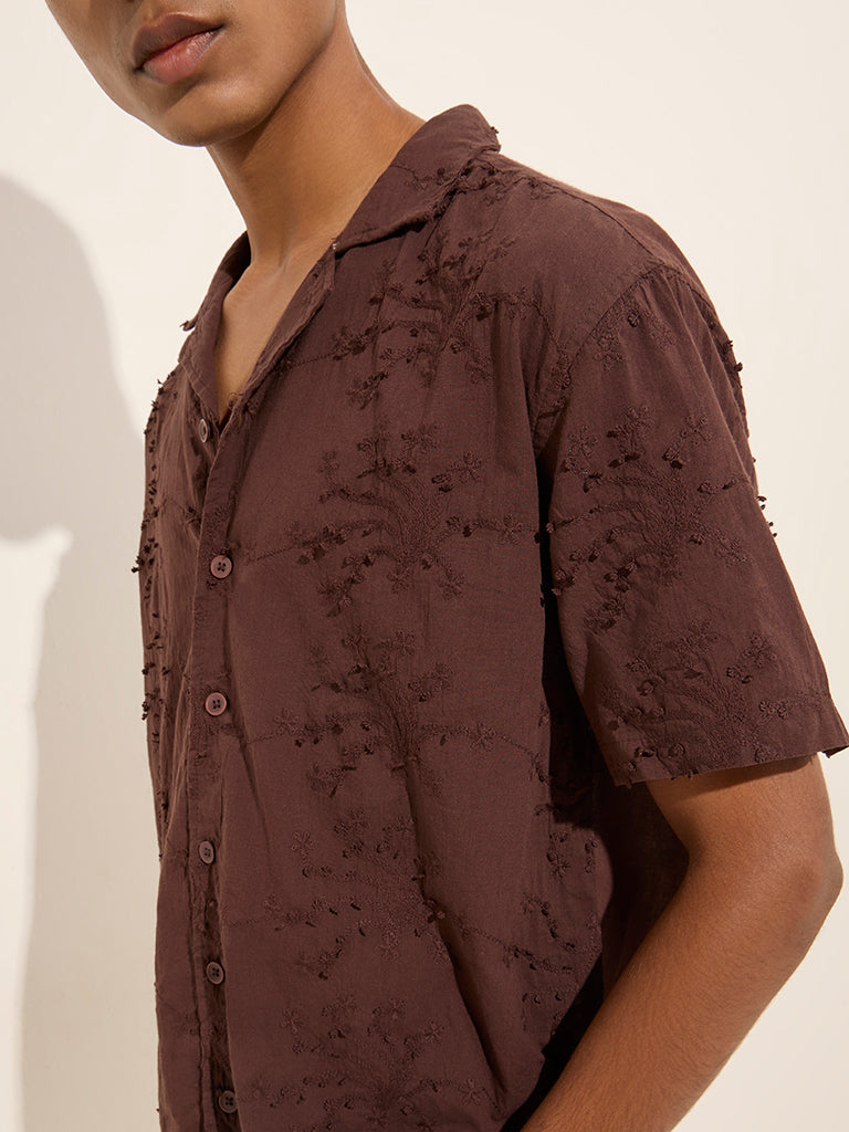 Westside ETA Men's Brown Floral Embroidered Relaxed-Fit Cotton Shirt for Casual Wear Zoomed View