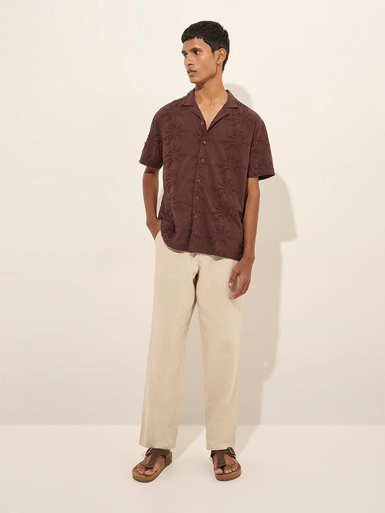Westside ETA Men's Brown Floral Embroidered Relaxed-Fit Cotton Shirt for Casual Wear Full View