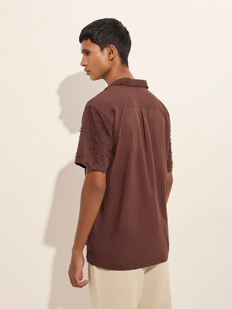 Westside ETA Men's Brown Floral Embroidered Relaxed-Fit Cotton Shirt for Casual Wear Back View