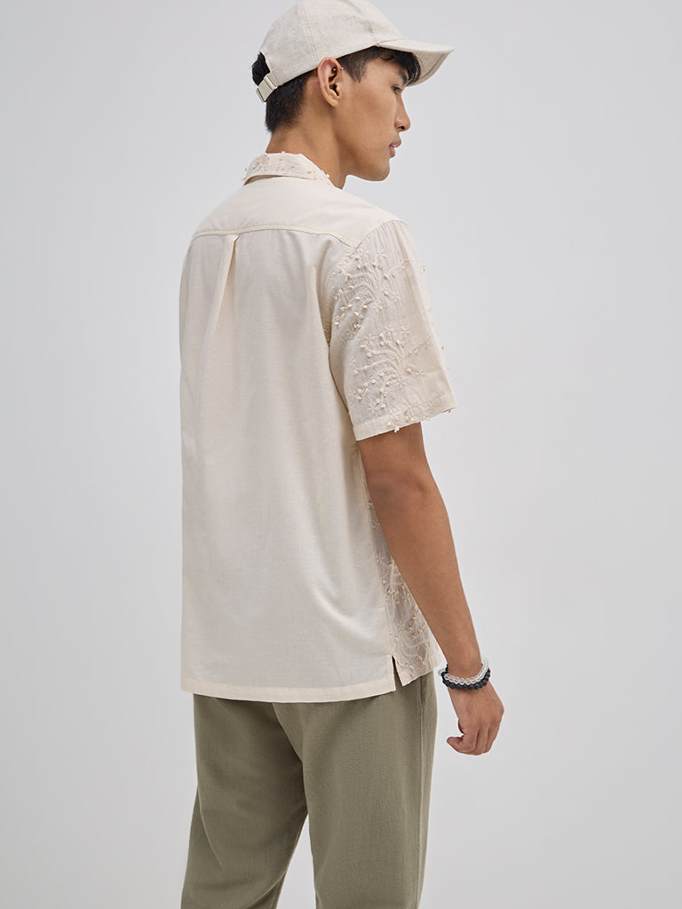 Westside ETA Men's Light Beige Floral Embroidered Relaxed-Fit Cotton Shirt for Casual Wear Back View