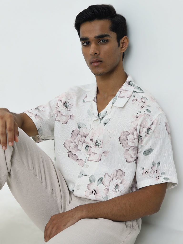 ETA White Floral Printed Relaxed-Fit Cotton-Blend Shirt