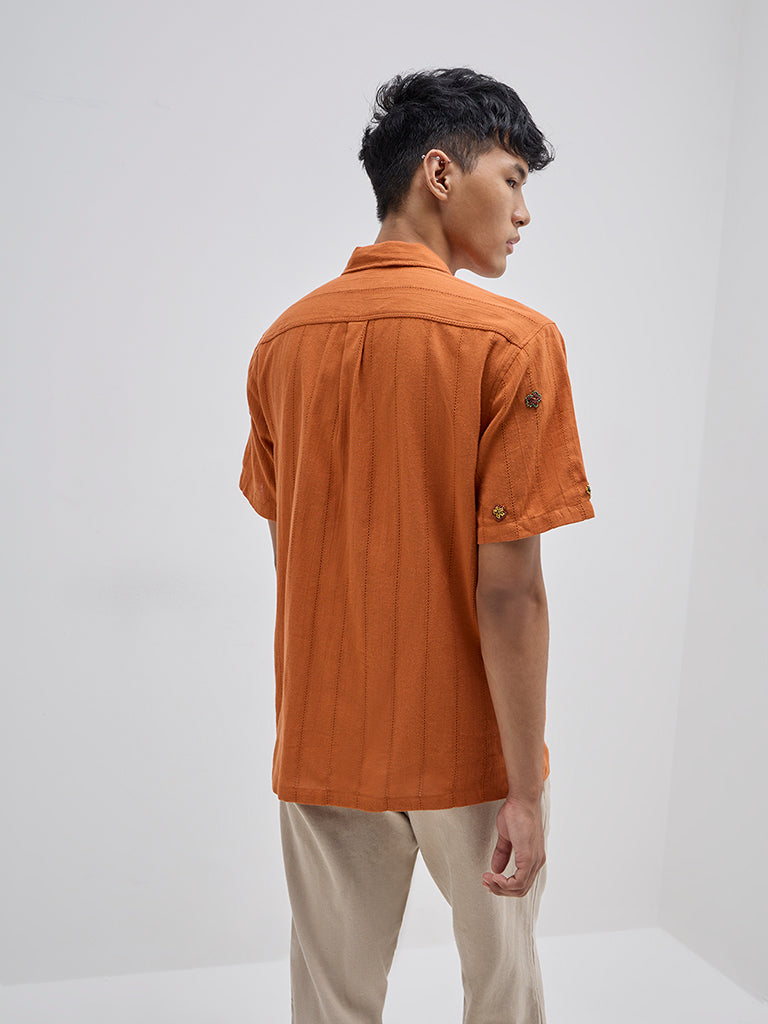 Westside ETA Men's Orange Floral Embroidered Relaxed-Fit Cotton Shirt for Casual Wear Back View