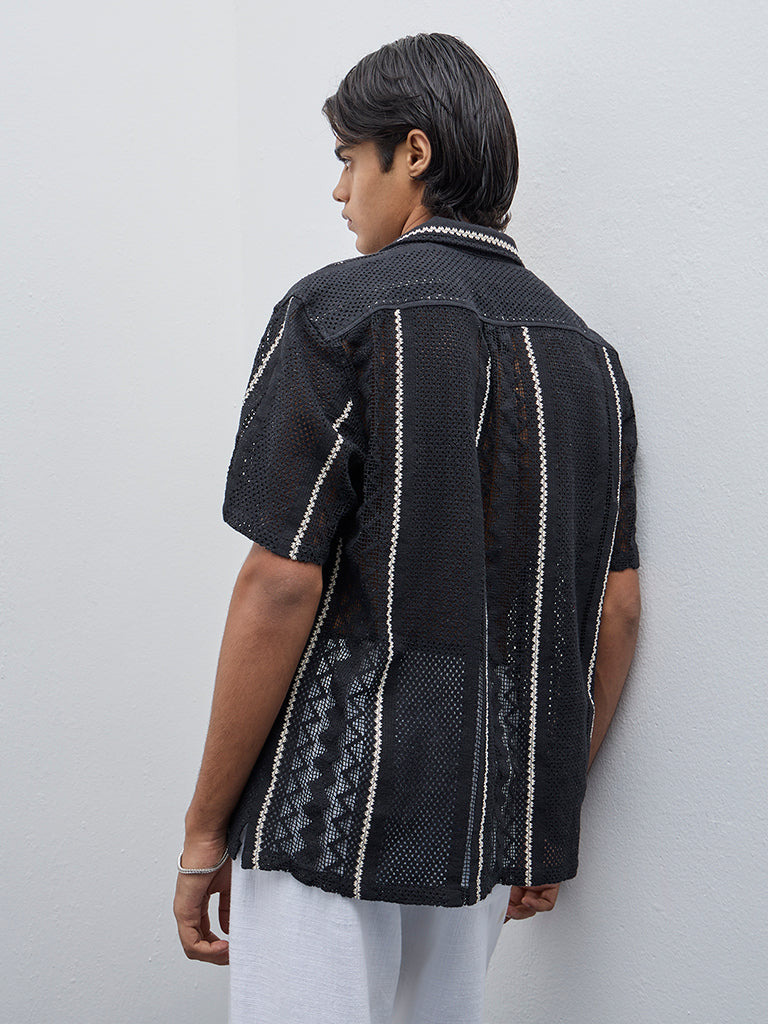 Westside ETA Men's Black Knit-Textured Relaxed-Fit Cotton Shirt for Casual Wear Back View