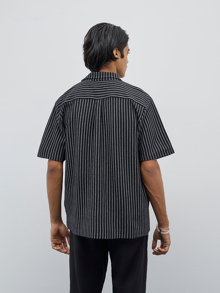 Westside ETA Men's Black Striped Relaxed-Fit Cotton-Blend Shirt for Casual Wear Back View