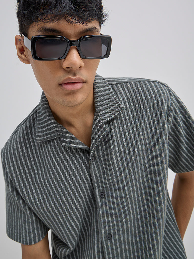ETA Olive Stripe Pattern Relaxed-Fit Cotton-Blend Shirt