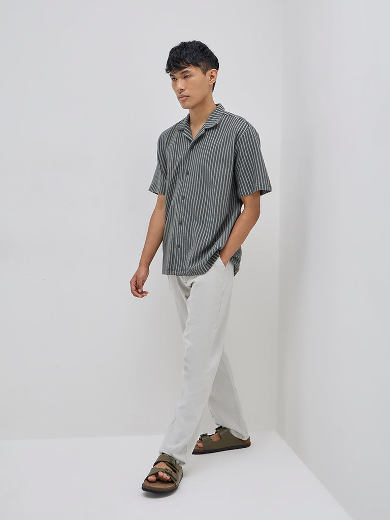 ETA Olive Stripe Pattern Relaxed-Fit Cotton-Blend Shirt