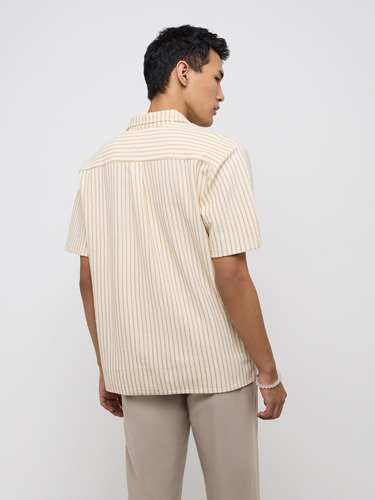 Westside ETA Men's Beige Striped Relaxed Fit Cotton-Blend Shirt for Casual Wear Back View