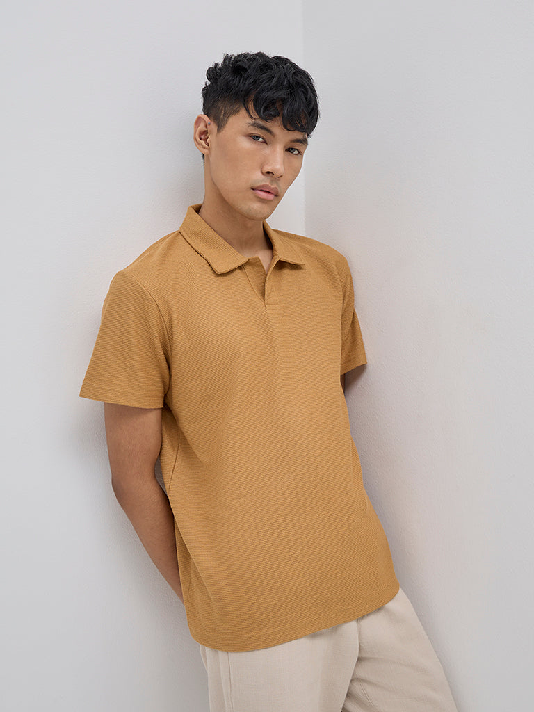 Westside ETA Men's Mustard Relaxed-Fit Cotton Polo T-Shirt for Casual Wear Front View