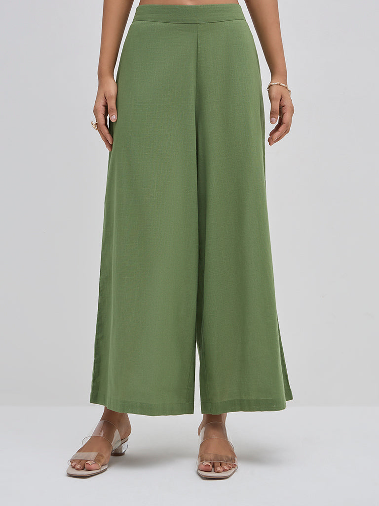 Utsa Green Solid High-Rise Cotton Palazzos
