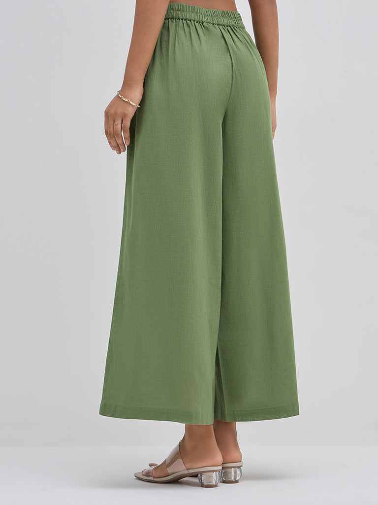 Utsa Green Solid High-Rise Cotton Palazzos