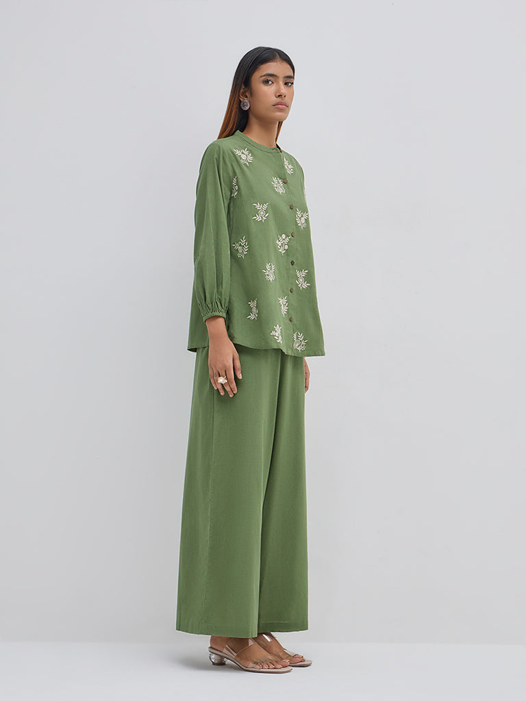 Utsa Green Solid High-Rise Cotton Palazzos