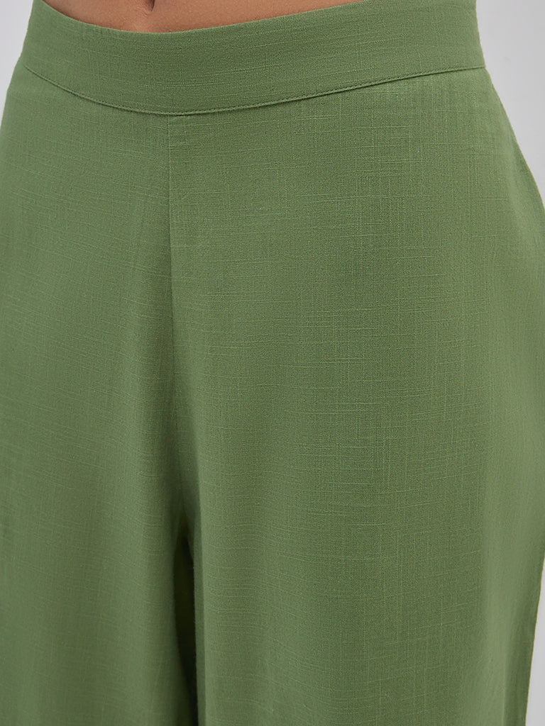 Utsa Green Solid High-Rise Cotton Palazzos