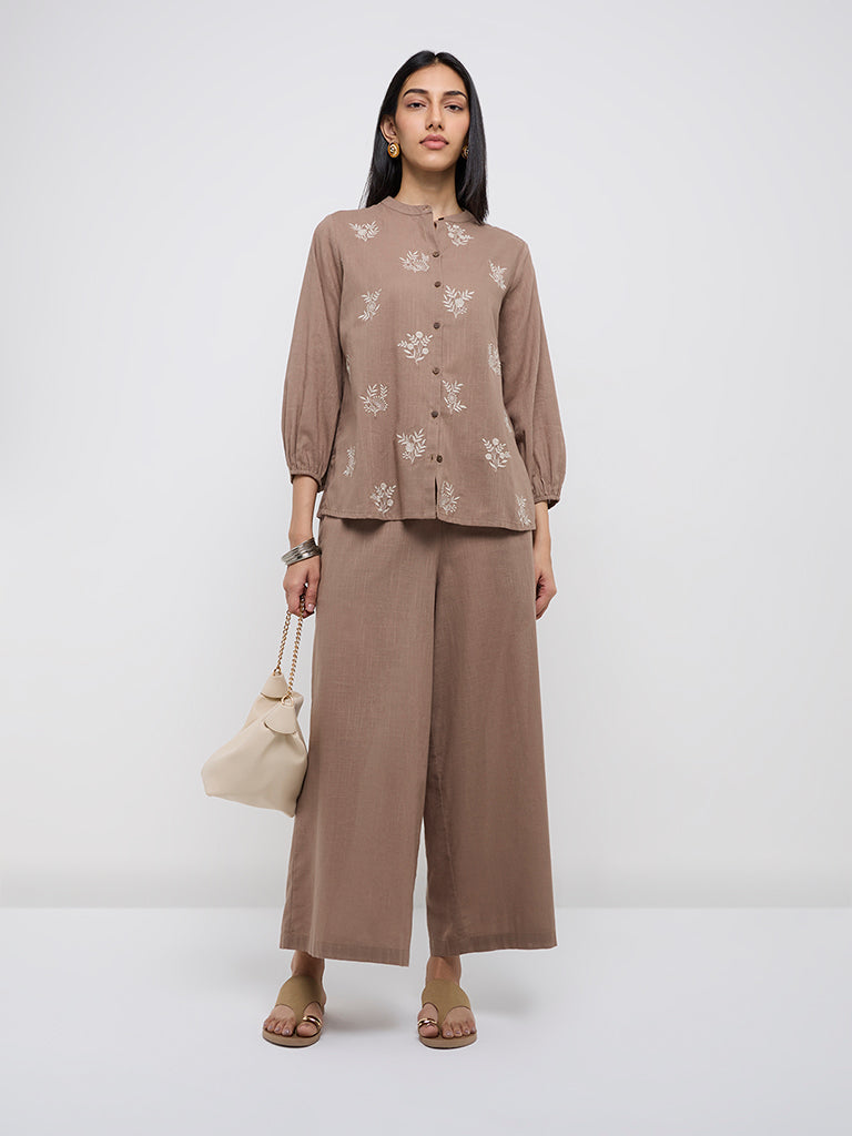 Utsa Taupe Solid Cotton Palazzos