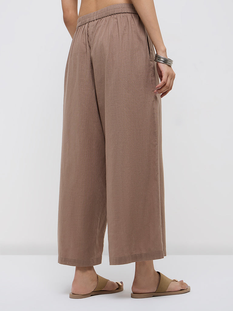 Utsa Taupe Solid Cotton Palazzos