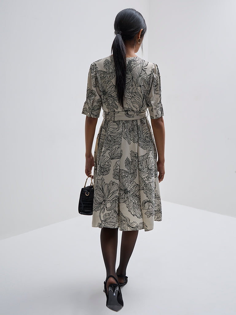 Wardrobe Ivory Floral Design Wrap Dress with Belt