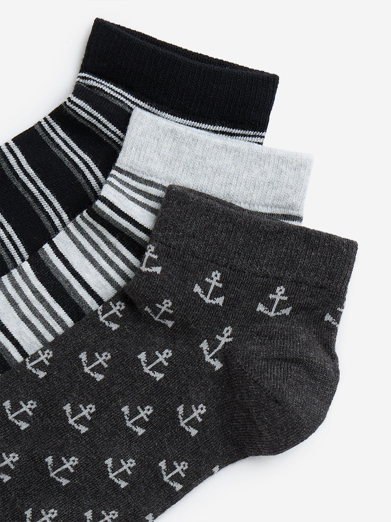 Westside Y&F Boy's Grey Striped Socks - Pack of 3 for Casual Wear Zoomed View