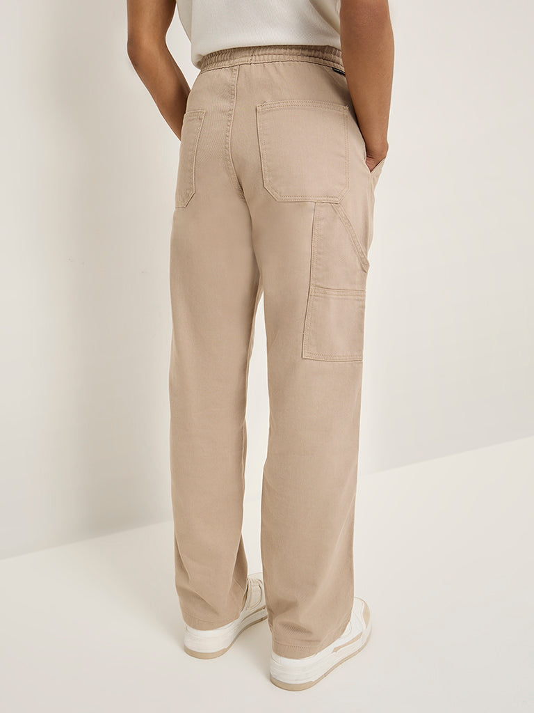 Nuon Beige Slim-Fit Mid-Rise Cotton Trousers