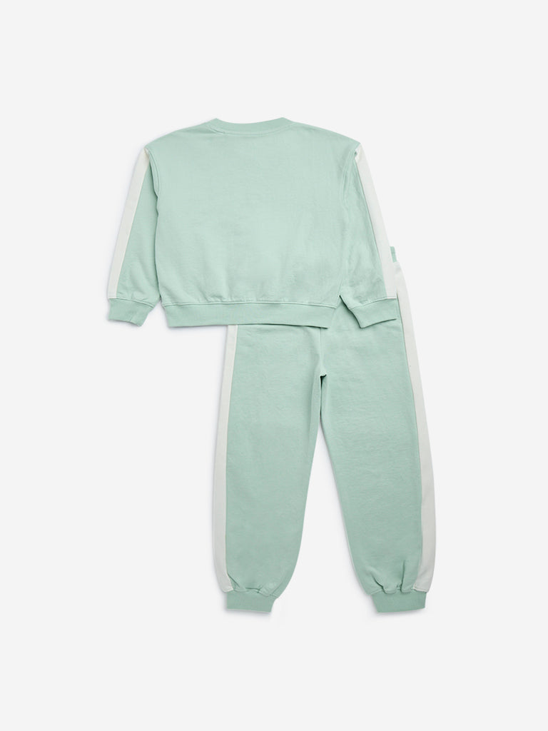 HOP Kids Mint Animal Print Cotton Sweatshirt with Joggers Set
