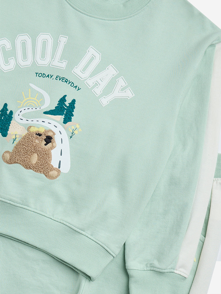 HOP Kids Mint Animal Print Cotton Sweatshirt with Joggers Set