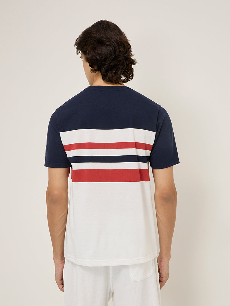 Westside WES Lounge Men's Navy Stripe Printed Relaxed-Fit Cotton-Blend T-Shirt for Casual Wear Back View