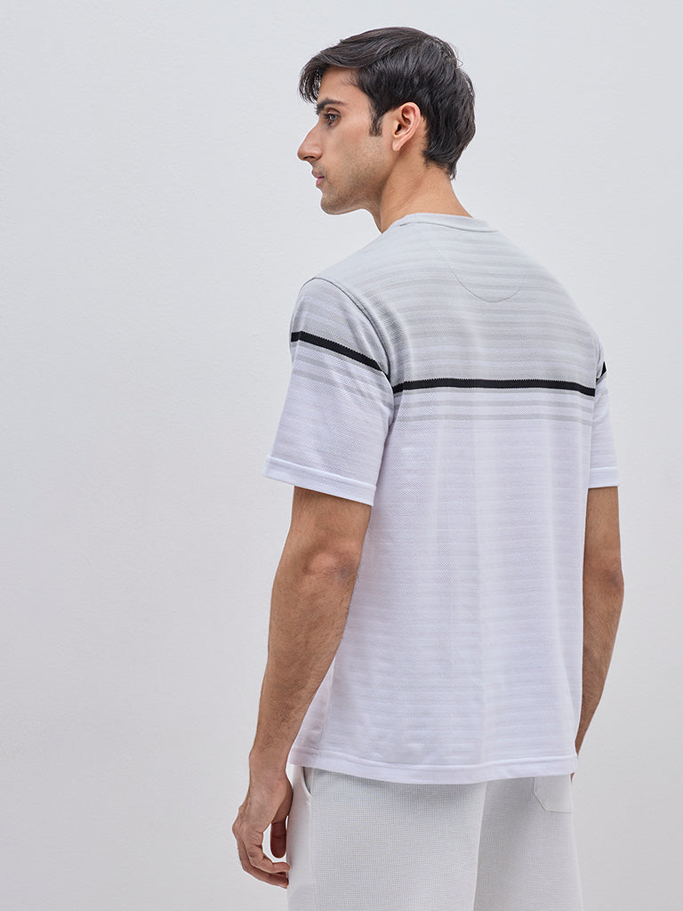 Westside WES Lounge Men's Grey Stripe Printed Relaxed-Fit Cotton-Blend T-Shirt for Casual Wear Back View