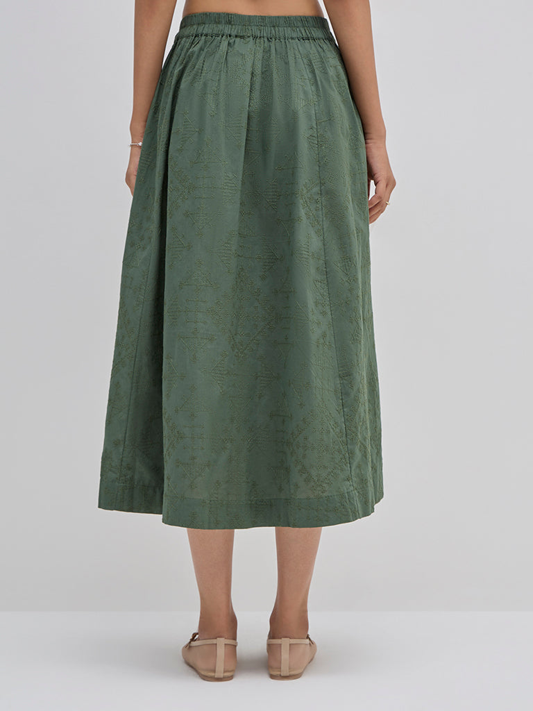 Westside Bombay Paisley Women's Olive Embroidered High-Rise Cotton Skirt for Everyday Back View