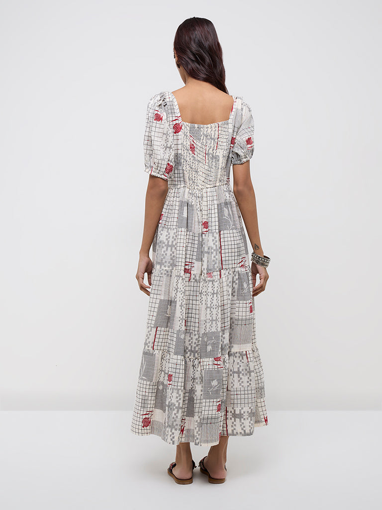 Westside Bombay Paisley Women's Grey Abstract Cotton Tiered Dress for Everyday Back View
