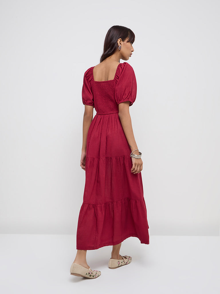 Westside Bombay Paisley Women's Wine Floral Embroidered Cotton Tiered Dress for Everyday Back View