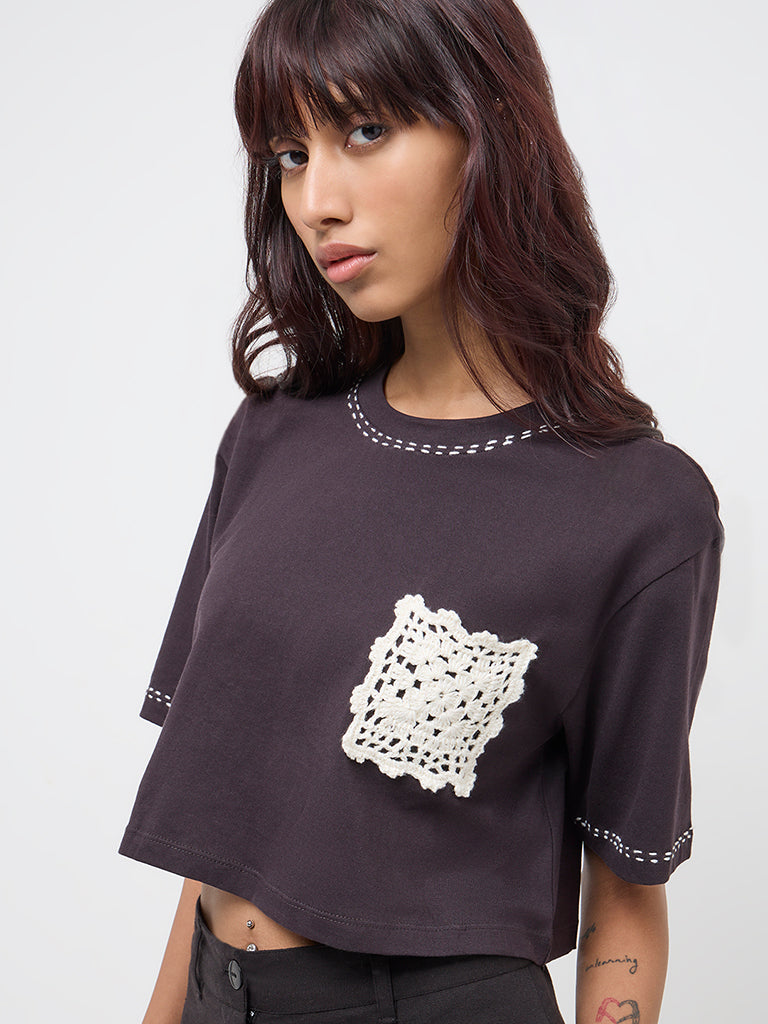 Bombay Paisley Black Crochet-Detailed Cotton Top