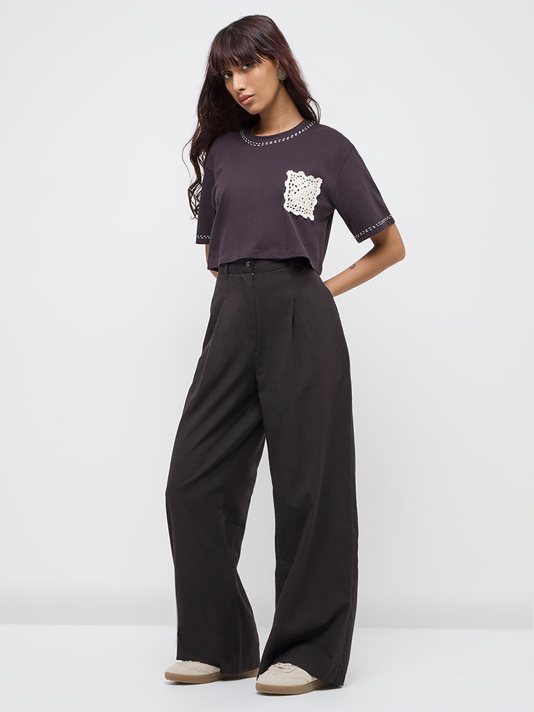Bombay Paisley Black Crochet-Detailed Cotton Top