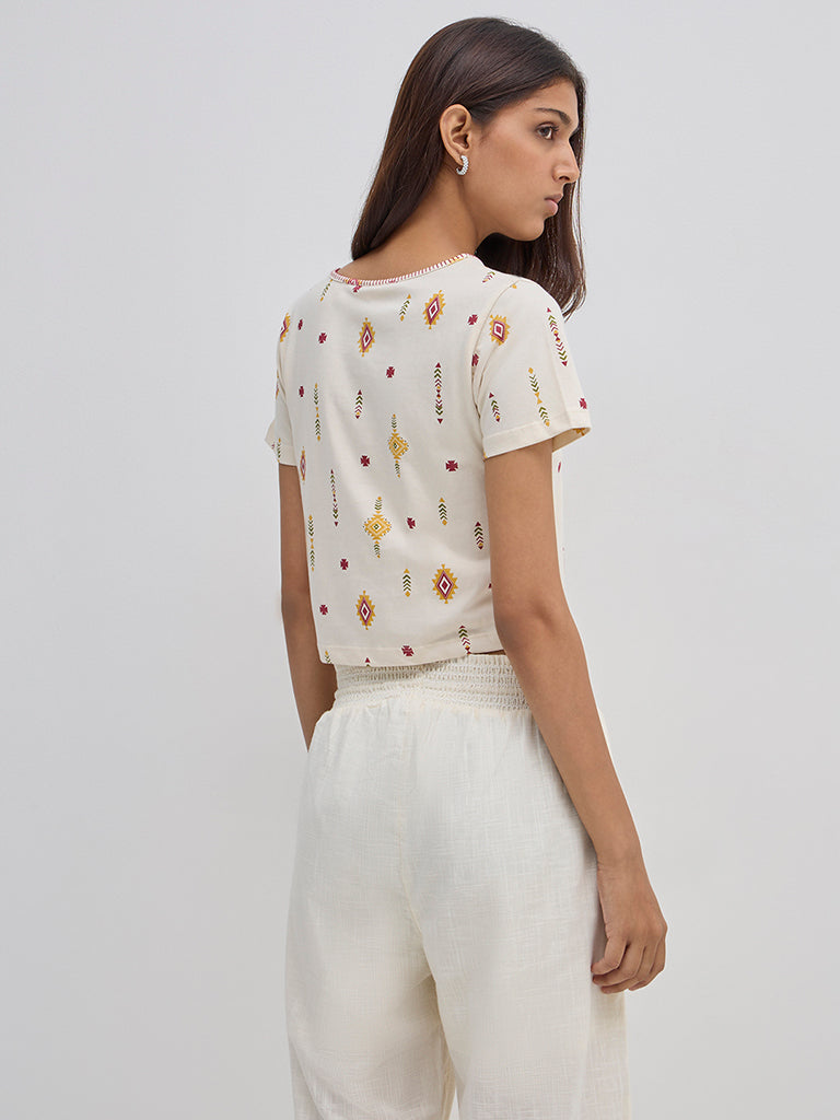 Bombay Paisley Off-White Aztec Printed Cotton T-Shirt