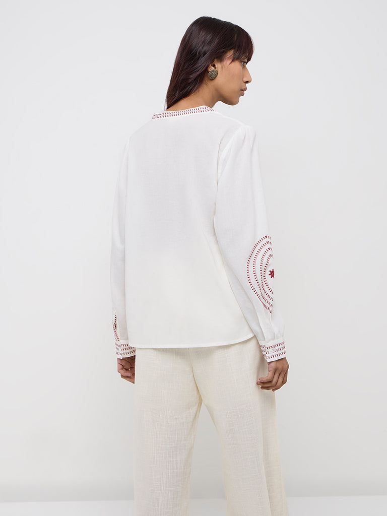 Westside Bombay Paisley Women's White Embroidered Cotton Blouse for Everyday Back View